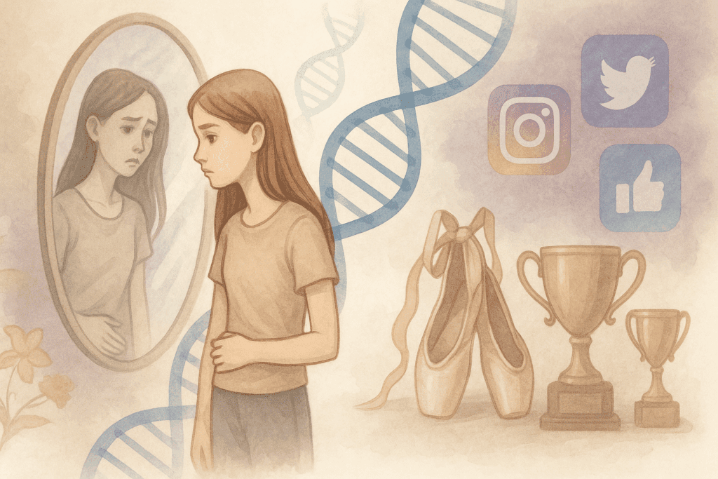 Understanding Eating Disorders in Teens: How Mindful Nutrition Can Support a Healthier Lifestyle 2 Teen girl gazing at a distorted mirror reflecting a skinnier version of herself, surrounded by a DNA helix, social media icons, ballet shoes, and trophies, symbolizing the psychological, biological, and social drivers of eating disorders in teens