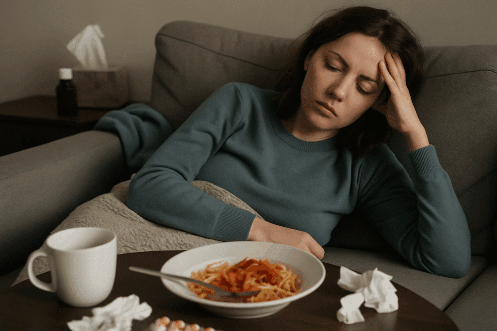 Understanding Hunger Cues: What to Know About Forcing Yourself to Eat When You’re Not Hungry 2 Exhausted woman lying on a sofa beside untouched food, reflecting the struggle of forcing yourself to eat when you’re not hungry