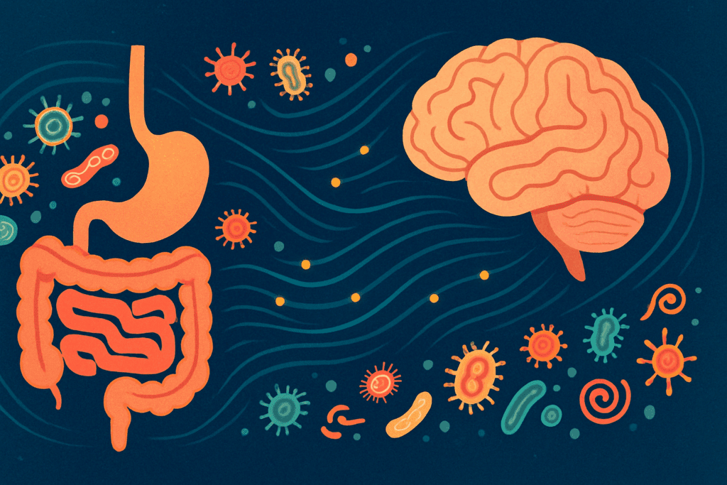 Understanding Hunger Cues: What to Know About Forcing Yourself to Eat When You’re Not Hungry 3 Abstract infographic of the gut-brain axis showing microbiota and neural signals, illustrating the science behind forcing yourself to eat when you’re not hungry.