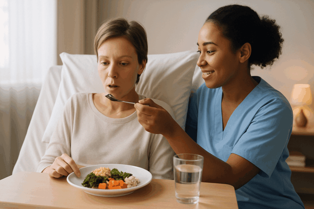 Understanding Hunger Cues: What to Know About Forcing Yourself to Eat When You’re Not Hungry 4 Nurse gently supporting a patient in a hospital as she begins forcing herself to eat when you’re not hungry during recovery.