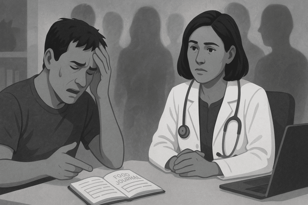 Understanding OCD and Eating Disorders: How Food OCD and Obsessive Thoughts Can Impact Nutrition and Mental Wellness 5 Clinician listening to distressed patient gesturing to a food journal, symbolizing the emotional struggle and diagnostic challenges of Food OCD