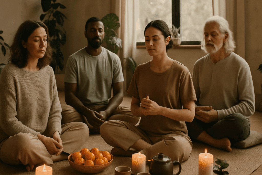 Understanding Outpatient Eating Disorder Treatment for Adults: A Mindful Approach to Nutrition and Lasting Recovery 3 Adults practicing mindful meditation with fruit, tea, and candles in a calm setting, supporting Outpatient Eating Disorder Treatment for Adults.
