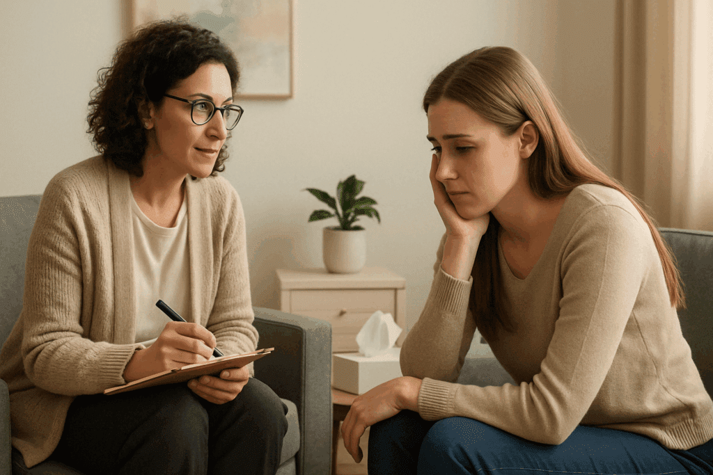 Understanding Outpatient Eating Disorder Treatment for Adults: A Mindful Approach to Nutrition and Lasting Recovery 4 Therapist and adult client in a private counseling session, illustrating trust and emotional healing during Outpatient Eating Disorder Treatment for Adults.