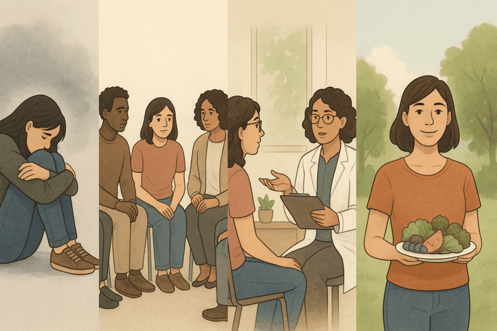 Understanding Rumination Syndrome: How This Often-Misunderstood Eating Disorder Impacts Nutrition and Wellness 6 Timeline illustration showing a woman’s recovery from Rumination Syndrome, progressing from isolation to group therapy, professional support, and healthy eating