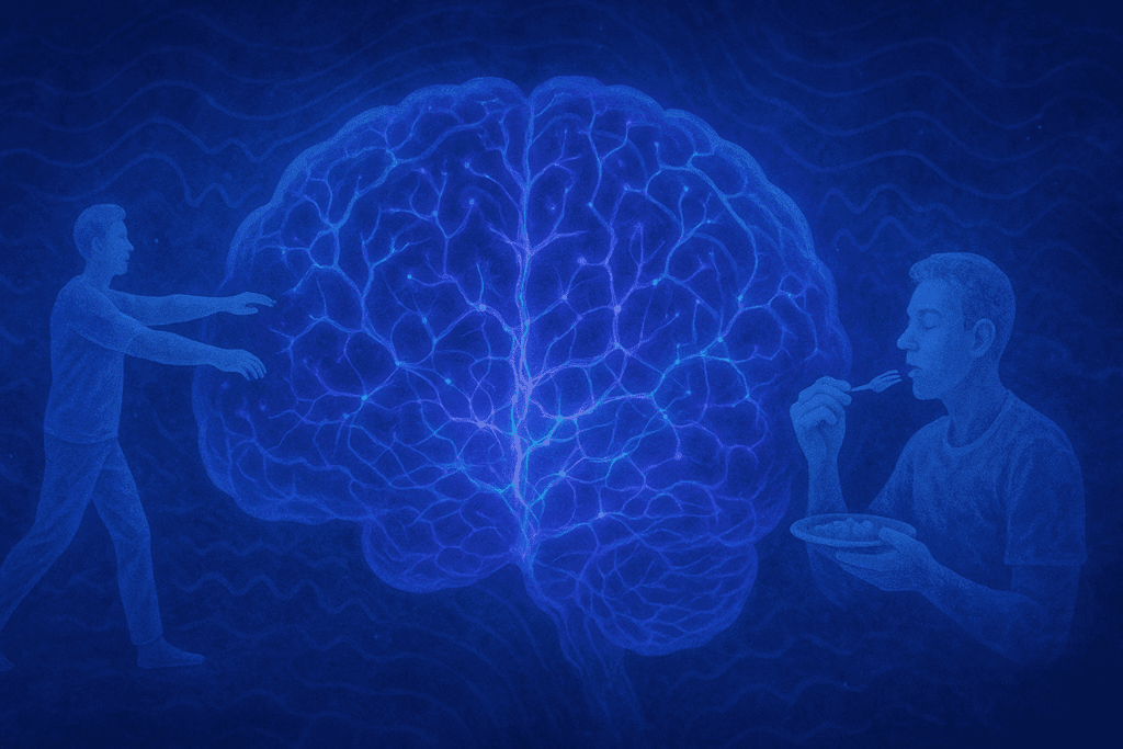 Understanding Sleep Eating Disorder: What You Should Know About Sleepwalking and Eating at Night 2 Artistic neural map showing brainwave activity with overlays of a sleepwalker and a person eating, visualizing Sleep Eating Disorder during deep sleep.