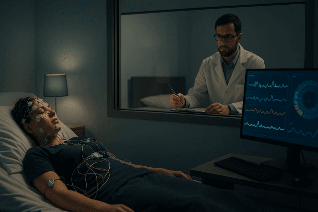 Understanding Sleep Eating Disorder: What You Should Know About Sleepwalking and Eating at Night 4 Person undergoing monitored sleep study for Sleep Eating Disorder in a clinical lab with EEG wires and data screens