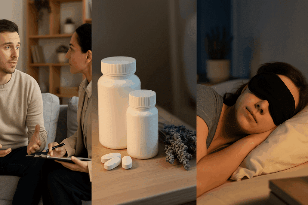 Understanding Sleep Eating Disorder: What You Should Know About Sleepwalking and Eating at Night 5 Holistic treatment for Sleep Eating Disorder shown through a therapy session, sleep medication on a nightstand, and a woman sleeping peacefully with a sleep mask.