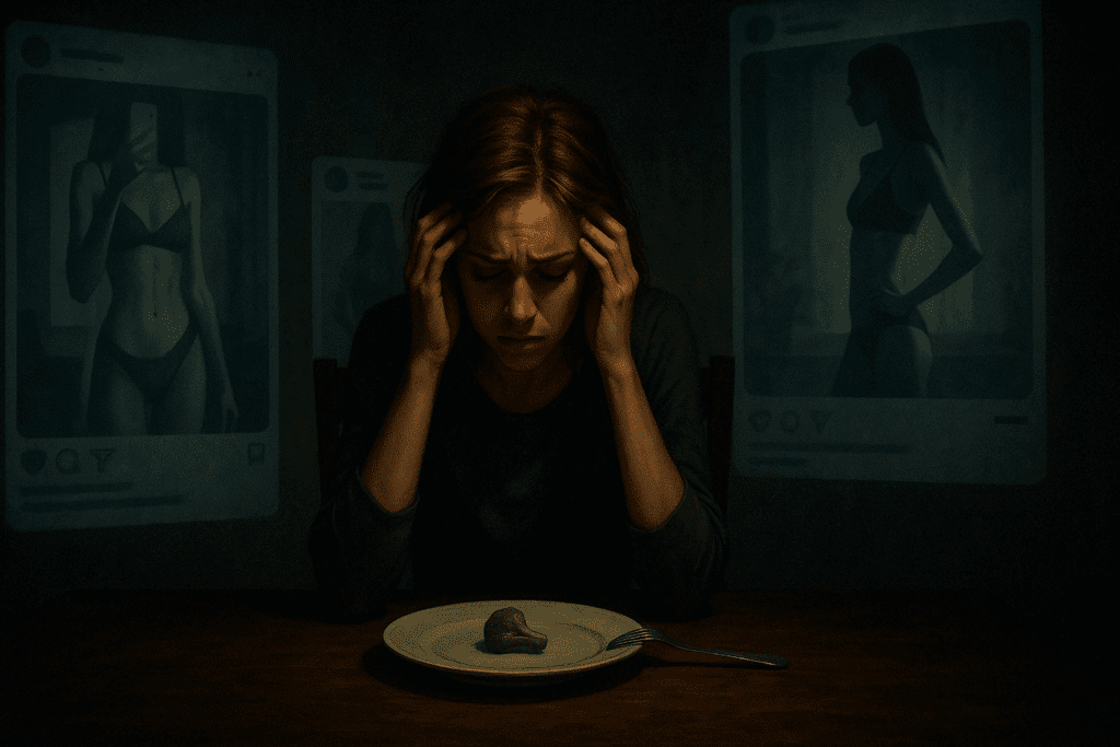 Understanding the Fear of Gaining Weight and Calorie Restriction: What Causes Eating Disorders and How to Recognize the Warning Signs 2 Distressed woman sitting alone at a table with a single piece of food, surrounded by ghostly social media images of thin influencers, illustrating the emotional toll of calorie restriction and body image anxiety.