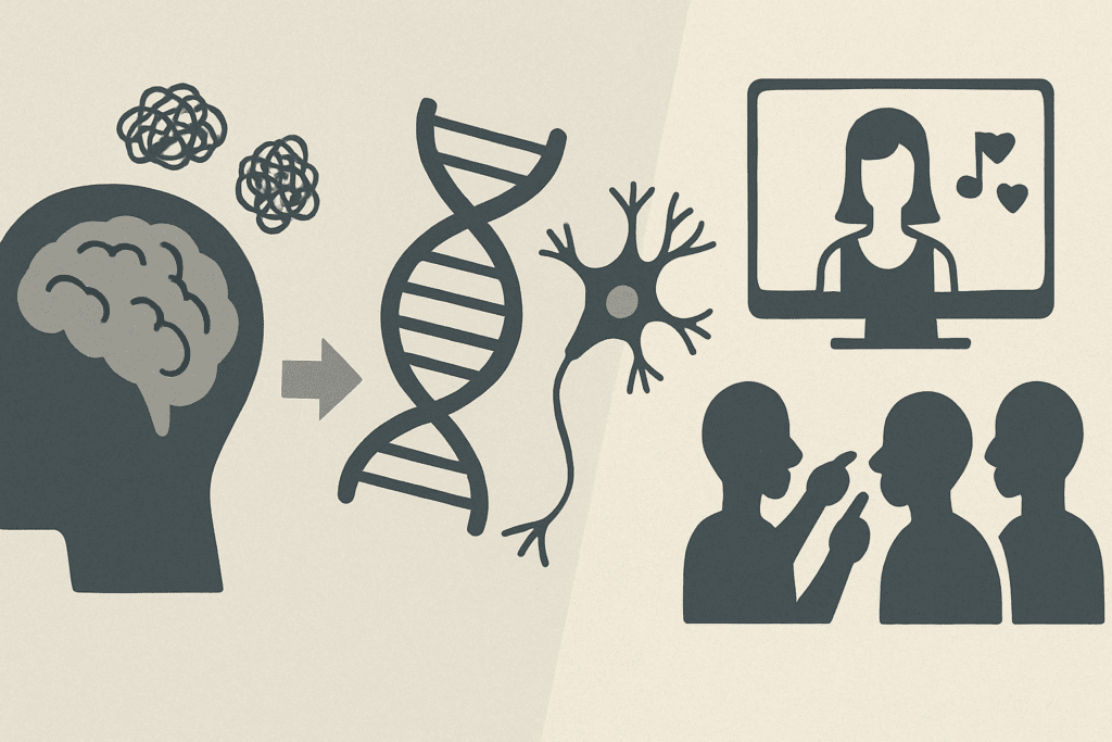 Understanding the Fear of Gaining Weight and Calorie Restriction: What Causes Eating Disorders and How to Recognize the Warning Signs 3 Infographic illustrating the psychological, biological, and social influences behind eating disorders, with symbolic visuals like a brain, DNA strand, and social group pressure, demonstrating the connection to calorie restriction.