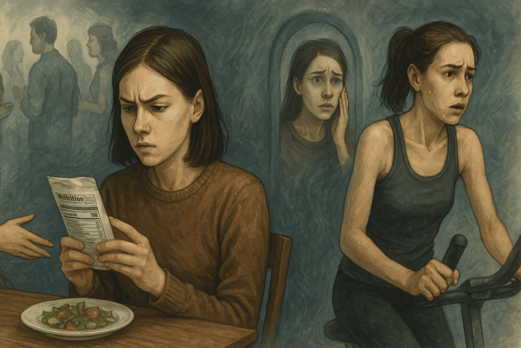Understanding the Fear of Gaining Weight and Calorie Restriction: What Causes Eating Disorders and How to Recognize the Warning Signs 4 Collage depicting a young woman struggling with calorie restriction: avoiding food at a social gathering, obsessively reading nutrition labels, feeling anxious in front of a mirror, and exercising intensely. The interconnected scenes represent emotional distress and body image concerns associated with anorexia and restrictive eating behaviors