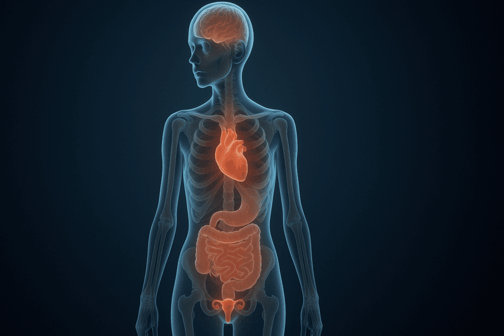 Understanding the Fear of Gaining Weight and Calorie Restriction: What Causes Eating Disorders and How to Recognize the Warning Signs 5 Transparent human body illustration highlighting organs affected by calorie restriction: weakened heart, osteoporosis in bones, slowed digestive system, cognitive decline in the brain, and reproductive organ impairment
