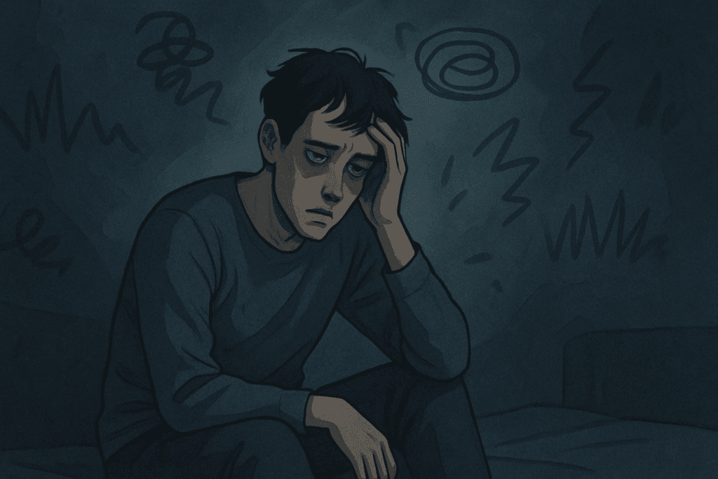 Understanding the Link Between Stress and Weight Loss: Can Chronic Anxiety Cause You to Lose Weight? 4 Exhausted man sitting alone in a dark room, visually representing stress and weight loss through emotional fatigue and anxiety