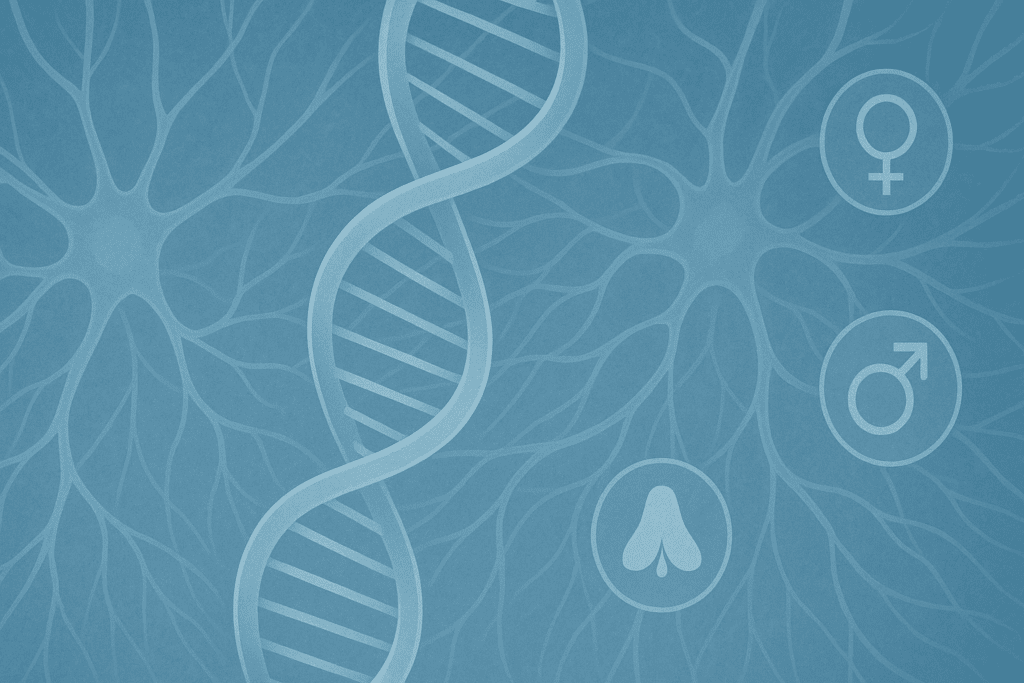 Understanding the Most Significant Contributing Factor to Eating Disorders: How Internal and External Influences Shape Disordered Eating Habits 2 DNA strand interwoven with neural pathways and hormone symbols, representing genetic and biological roots as a contributing factor to eating disorders.