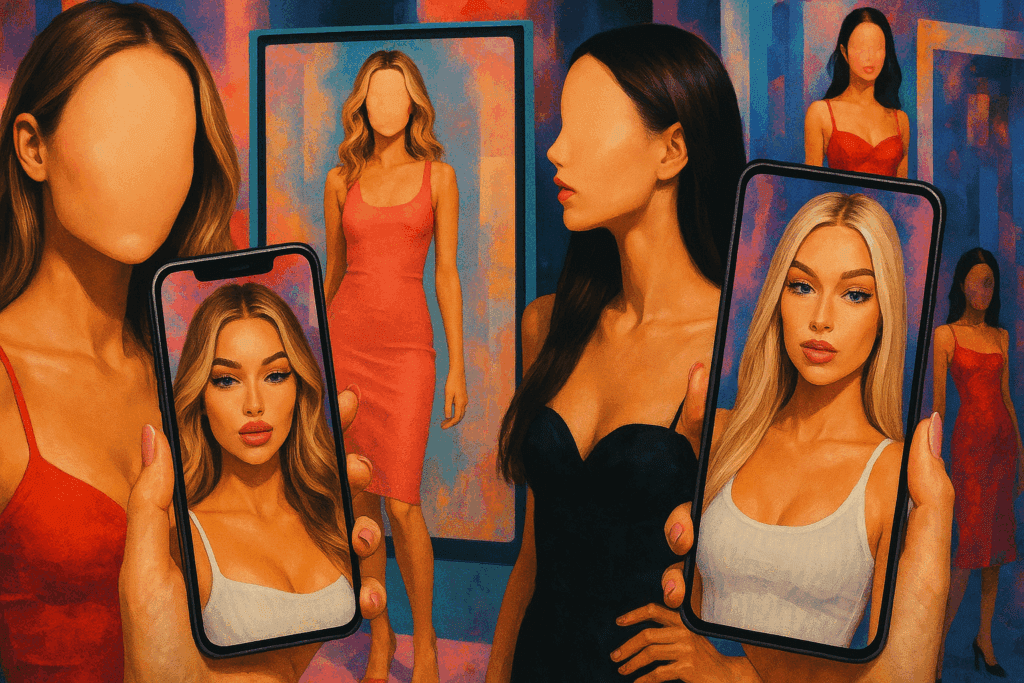 Understanding the Most Significant Contributing Factor to Eating Disorders: How Internal and External Influences Shape Disordered Eating Habits 3 Faceless models and filtered selfies on smartphones in a vibrant collage highlighting media-driven beauty ideals—a contributing factor to eating disorders