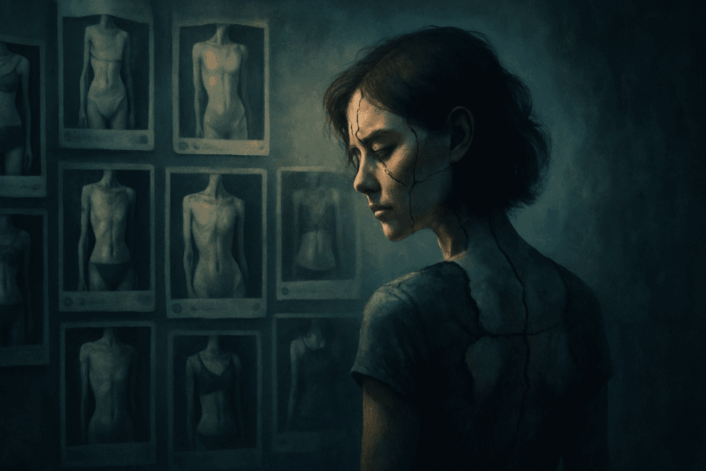 Understanding the Risks of Pro Ana Websites: How Disordered Eating Content Impacts Nutrition and Mental Wellness 2 Woman with cracked skin gazing at a wall of thin body photos resembling a social media feed, symbolizing identity struggle linked to Pro Ana Websites
