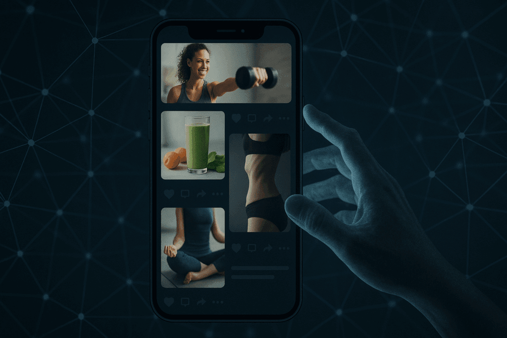 Understanding the Risks of Pro Ana Websites: How Disordered Eating Content Impacts Nutrition and Mental Wellness 5 Smartphone screen showing mixed wellness and thinspiration content with ghostly hand reaching toward it, symbolizing algorithm-driven exposure to Pro Ana Websites.