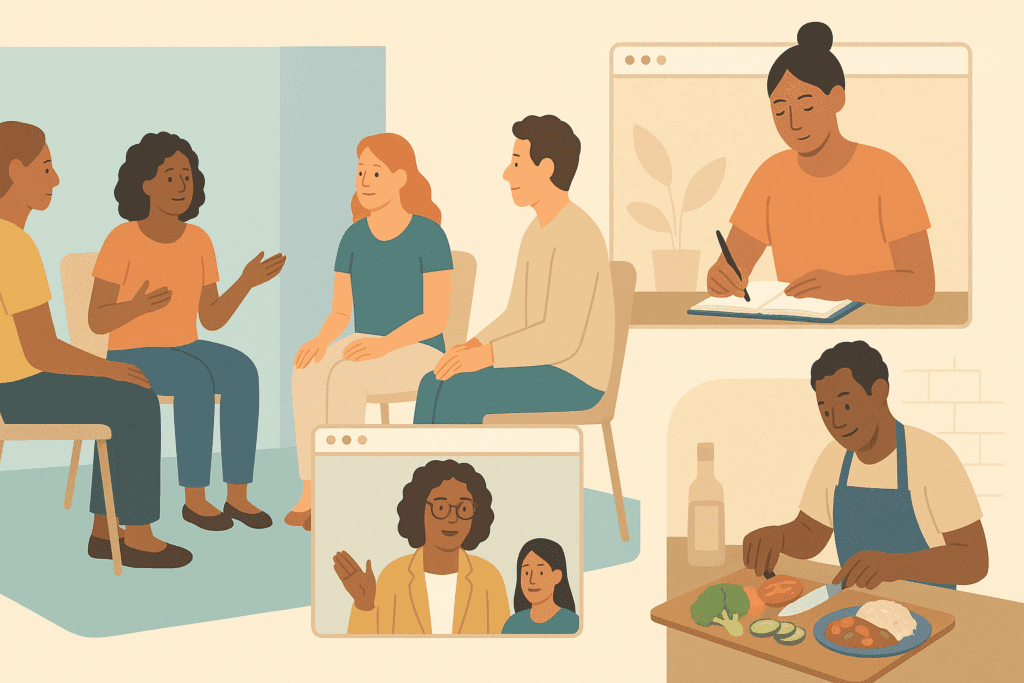 Understanding the Risks of Pro Ana Websites: How Disordered Eating Content Impacts Nutrition and Mental Wellness 4 Diverse online community engaging in wellness-focused alternatives to Pro Ana Websites, including virtual therapy, group support, journaling, and healthy cooking.