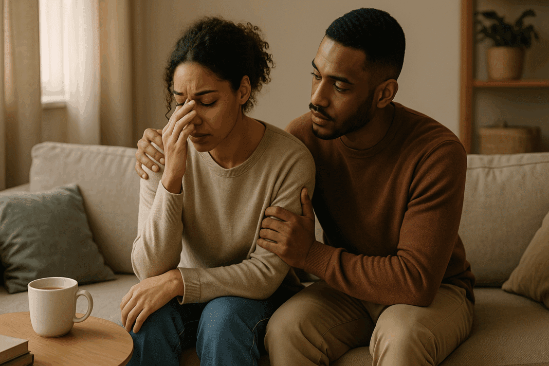 Young man gently comforting his distressed partner on a cozy couch, offering emotional support to help my girlfriend with an eating disorder.