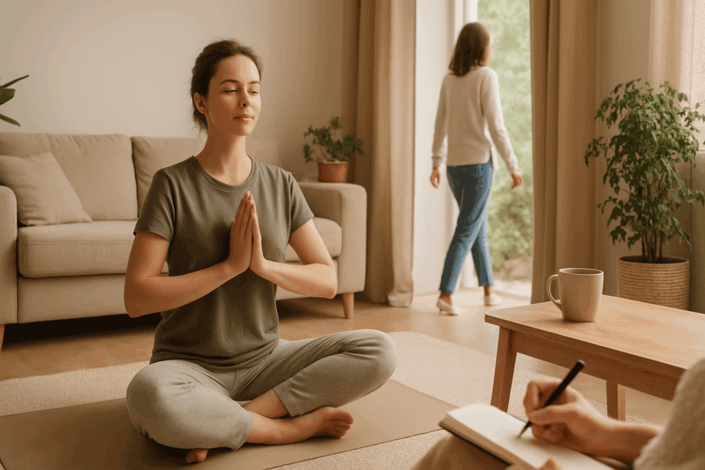 What Can I Do to Help My Girlfriend with an Eating Disorder? Supportive Nutrition Tips and Lifestyle Tools for Recovery 6 Calm woman practicing yoga in a serene living room, illustrating routines that help my girlfriend with an eating disorder feel emotionally balanced.