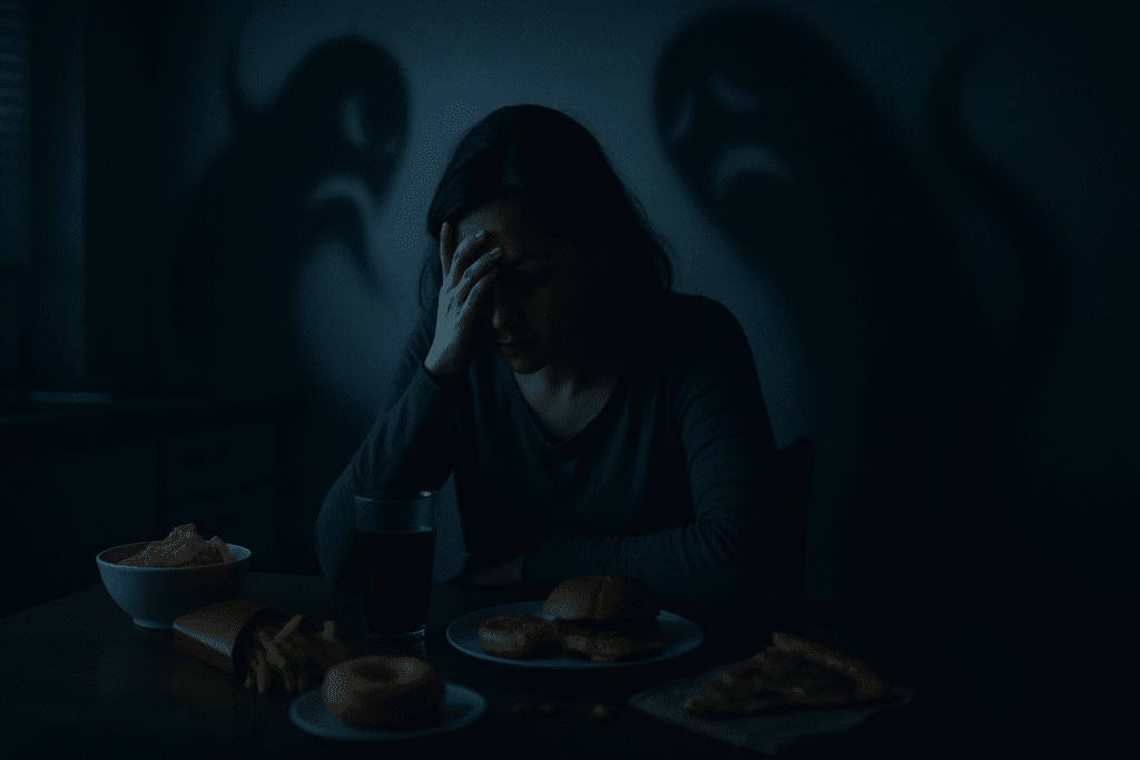 What Happens If You Eat Too Much? Understanding Why Overeating Is Bad for Your Health and Growth 6 Person sitting alone at a kitchen table late at night, surrounded by half-eaten junk food, with dark shadows symbolizing anxiety and guilt, reflecting the emotional toll of overeating. This image illustrates what happens if you eat too much, highlighting the mental health struggles tied to excessive food consumption