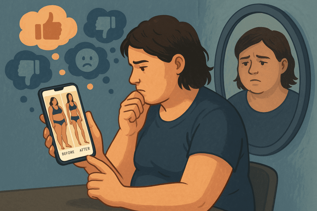 What Happens If You Starve Yourself? Understanding the Health Risks of Starving to Lose Weight and Safer Alternatives 3 A person scrolling through social media on their phone, viewing glamorous 'before and after' weight loss images that promote the myth of extreme transformations, while their reflection in the mirror shows a more realistic view of their current self. The image contrasts the unhealthy pressure to 'starve yourself' with the true, often overlooked reality