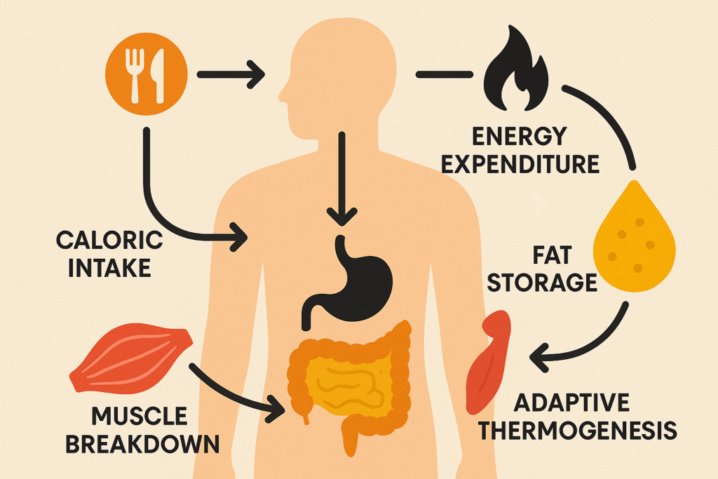 What Happens If You Starve Yourself? Understanding the Health Risks of Starving to Lose Weight and Safer Alternatives 4 Diagram illustrating human metabolism and energy processes when you starve yourself, highlighting energy use, fat storage, muscle breakdown, and adaptive thermogenesis during food deprivation.