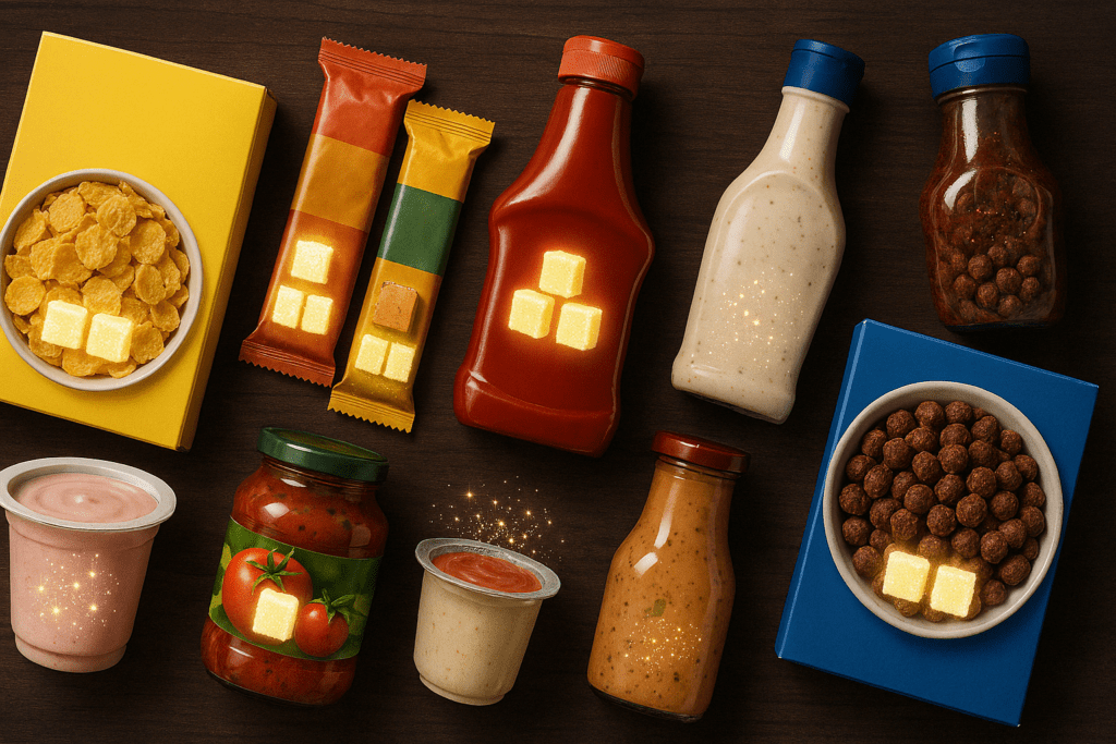 Flat lay of processed foods like cereal, ketchup, and yogurt with glowing sugar highlights, illustrating what happens when you quit sugar for 30 days.