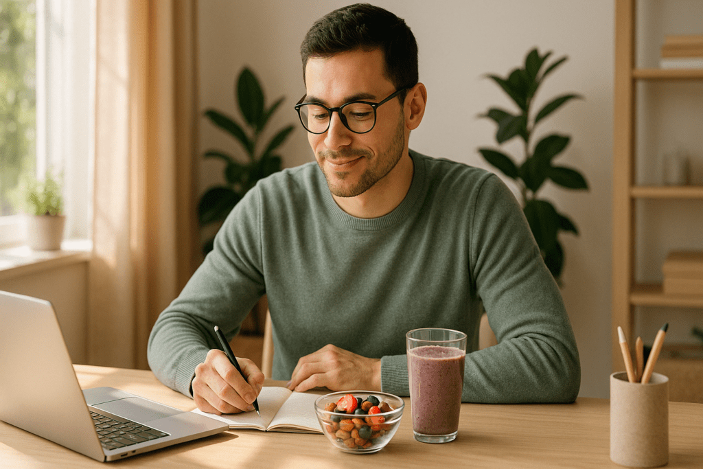 What Happens When You Quit Sugar for 30 Days? A Science-Backed Look at the 30 Day No Sugar Challenge and Its Health Effects 3 Man working at a sunlit desk with smoothie and fruit bowl during week two of What Happens When You Quit Sugar for 30 Days