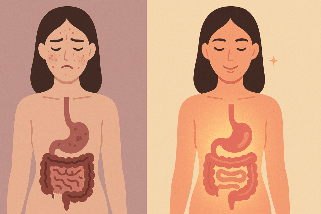 What Happens When You Quit Sugar for 30 Days? A Science-Backed Look at the 30 Day No Sugar Challenge and Its Health Effects 4 Side-by-side comparison of a woman before and after quitting sugar for 30 days, showing unhealthy gut and irritated skin versus clear skin and a glowing digestive system