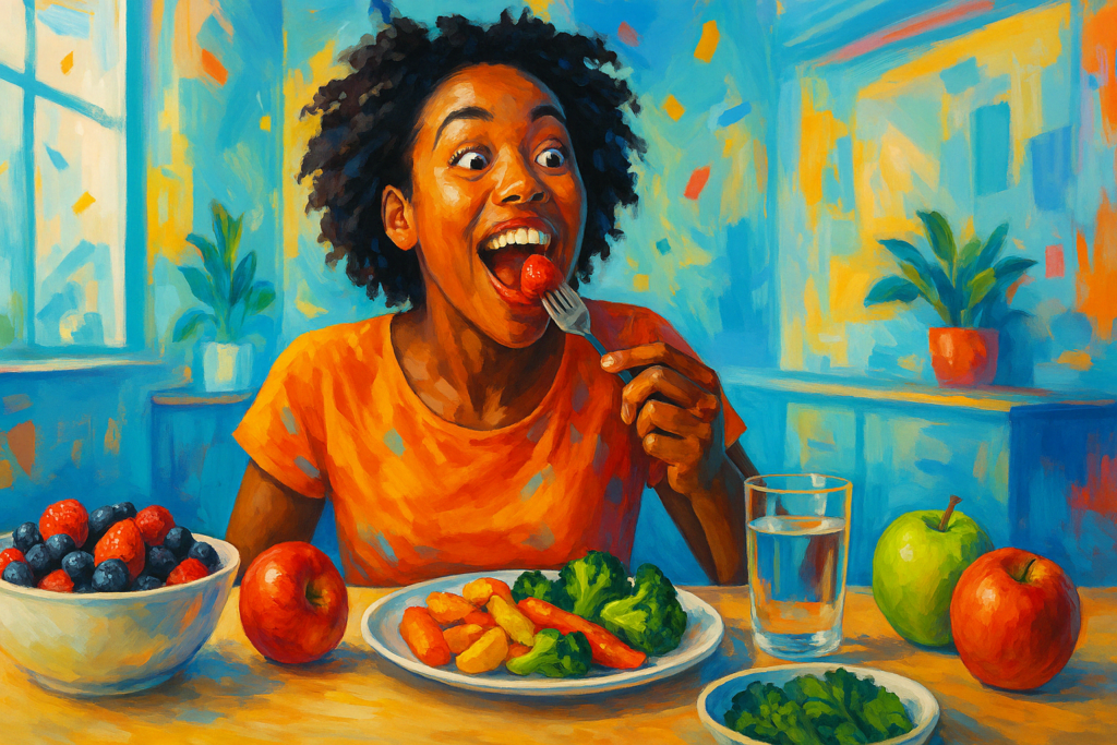 What Happens When You Quit Sugar for 30 Days? A Science-Backed Look at the 30 Day No Sugar Challenge and Its Health Effects 5 Joyful woman savoring fresh fruit at a colorful table of unprocessed foods, symbolizing taste reset during What Happens When You Quit Sugar for 30 Days.
