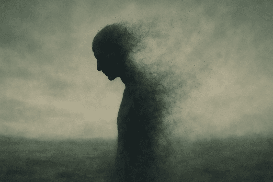 Human silhouette dissolving into mist in a bleak landscape, symbolizing what happens when you stop eating