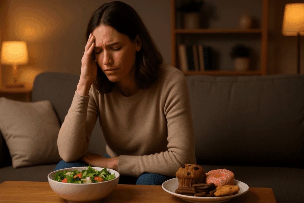 What Happens When You Stop Eating Sugar for 30 Days? Expert Insights on How Your Body Changes and Why It Matters 1 Woman experiencing discomfort during sugar withdrawal, choosing a healthy meal over sweets—what happens when you stop eating sugar for 30 days.