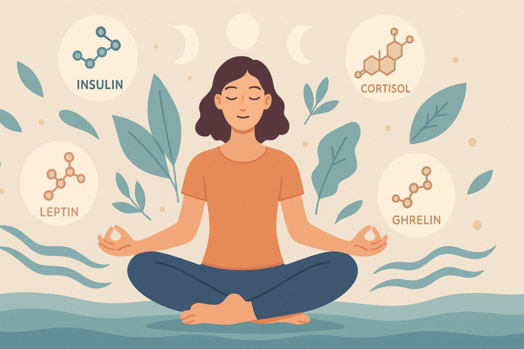 What Happens When You Stop Eating Sugar for 30 Days? Expert Insights on How Your Body Changes and Why It Matters 3 Calm woman meditating with hormones balanced around her, symbolizing what happens when you stop eating sugar for 30 days.