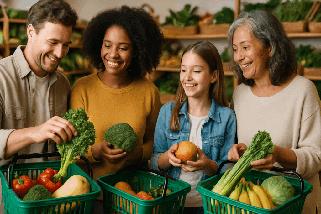 What Happens When You Stop Eating Sugar for 30 Days? Expert Insights on How Your Body Changes and Why It Matters 7 Diverse family grocery shopping for whole foods, showing what happens when you stop eating sugar for 30 days.
