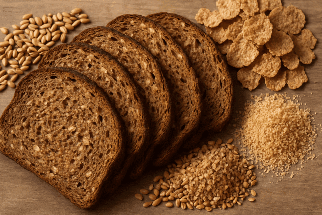 What Is Whole Grain Bread? Expert Tips to Choose the Healthiest Loaf for Your Diet 2 Whole grain bread slices fanned out on a wooden table beside wheat germ, bran flakes, and whole wheat kernels, illustrating what is whole grain bread.