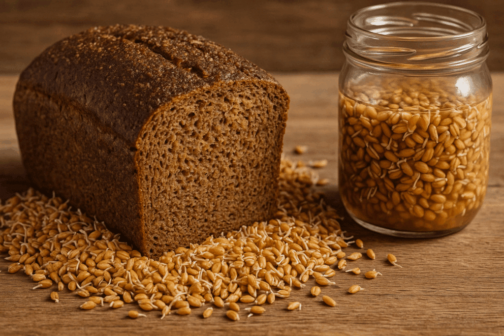 What Is Whole Grain Bread? Expert Tips to Choose the Healthiest Loaf for Your Diet 6 Rustic sprouted whole grain bread loaf on a wooden table with soaked grains in a jar, illustrating what is whole grain bread