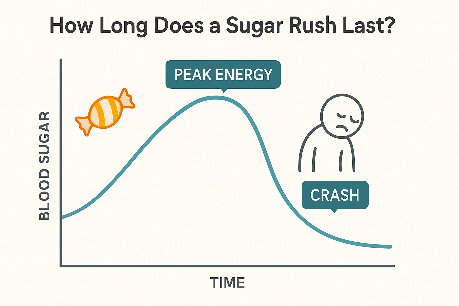 What Is a Sugar Rush and How Long Does It Last? Understanding the Science Behind Sudden Energy Spikes and Crashes 3 Graph showing the sugar rush process, from the initial sugar spike to peak energy levels, followed by a crash, illustrating 'what is a sugar rush' with candy and a tired figure.