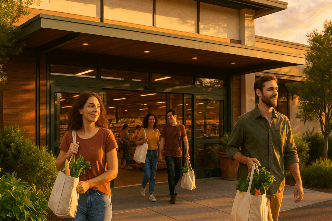 Shoppers leaving a Whole Foods Market storefront at golden hour with reusable bags of organic produce, reflecting positive Whole Foods Market reviews.