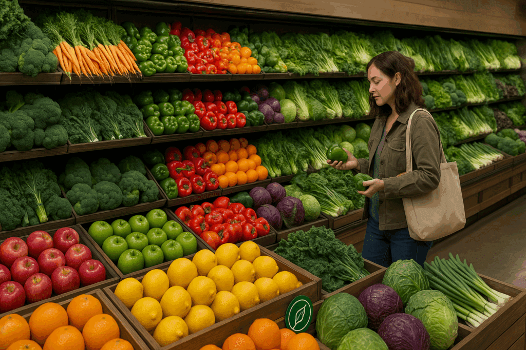 What Real Shoppers Say in Whole Foods Market Reviews: Expert Insights on Healthy Grocery Picks That Are Worth It 1 Customer browsing organic produce in a clean, well-lit grocery aisle, reflecting positive Whole Foods Market reviews.
