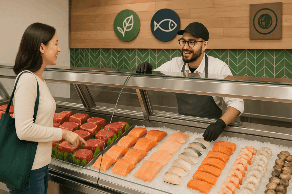 What Real Shoppers Say in Whole Foods Market Reviews: Expert Insights on Healthy Grocery Picks That Are Worth It 3 Smiling staff member helping customer at Whole Foods Market meat and seafood counter, often praised in Whole Foods Market reviews.