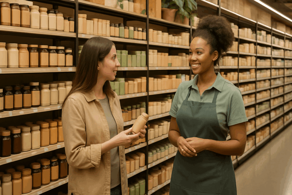 What Real Shoppers Say in Whole Foods Market Reviews: Expert Insights on Healthy Grocery Picks That Are Worth It 5 Friendly staff member assisting a shopper in the supplement aisle of Whole Foods Market, highlighting customer service often mentioned in Whole Foods Market reviews.
