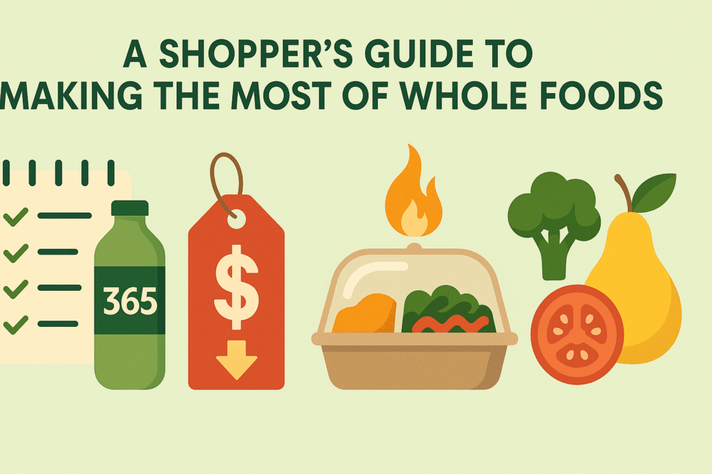 What Real Shoppers Say in Whole Foods Market Reviews: Expert Insights on Healthy Grocery Picks That Are Worth It 7 Infographic showing tips from Whole Foods Market reviews with icons for 365 products, sales tags, hot bar meals, and fresh produce