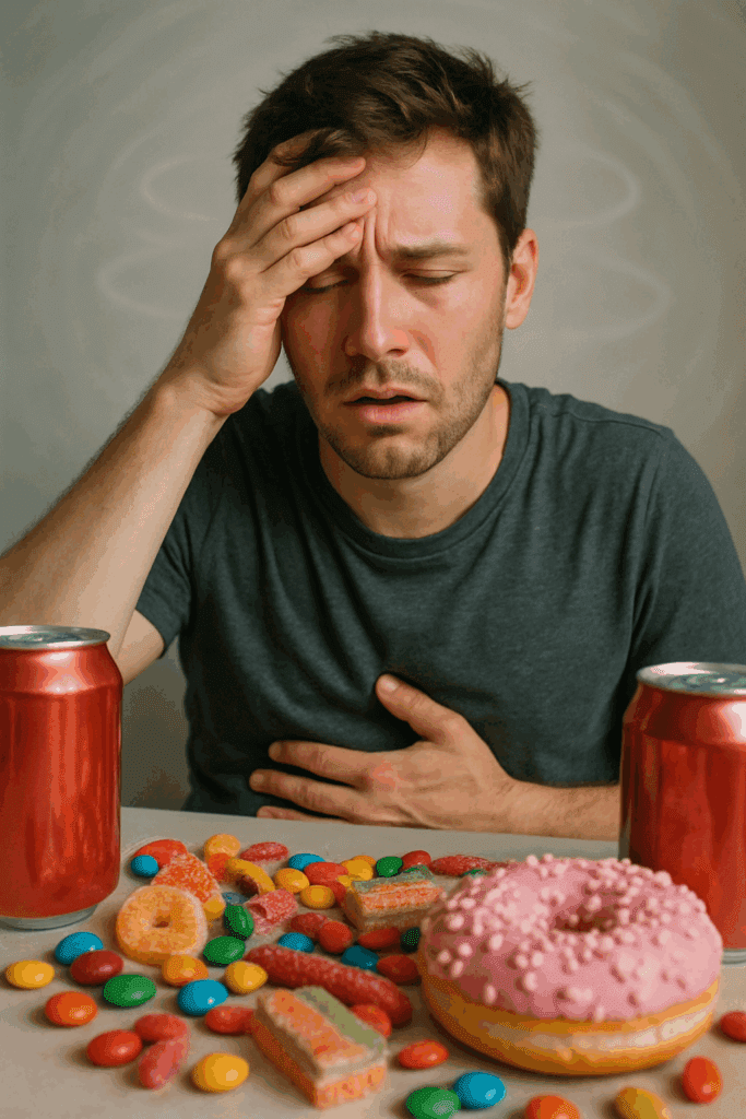 What to Do After Eating Too Much Sugar: Expert Tips to Wear Off a Sugar Rush and Restore Balance Naturally 1 Person holding their stomach and looking uncomfortable after eating too much sugar, with candy, soda, and a donut on the table, showing signs of fatigue and headache. This visual illustrates what to do after eating too much sugar.