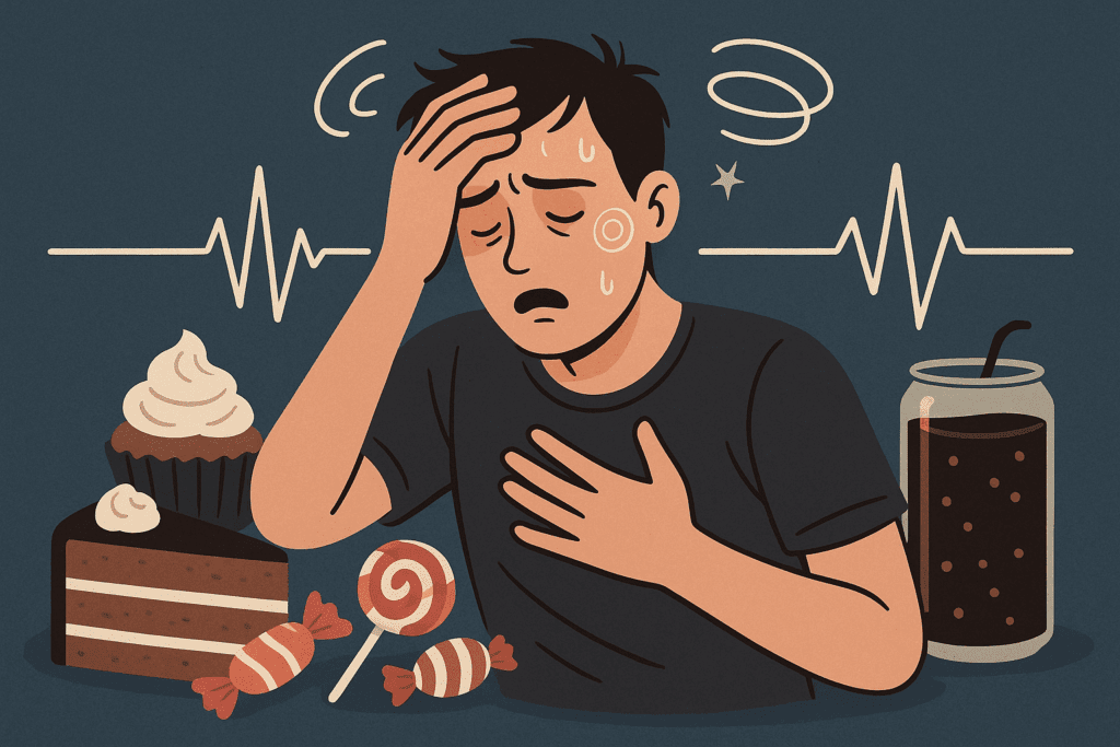 What to Do After Eating Too Much Sugar: Expert Tips to Wear Off a Sugar Rush and Restore Balance Naturally 3 Person feeling disoriented after consuming too much sugar, surrounded by sugary foods like cake, soda, and candy, with a rapid heartbeat depicted through a heartbeat monitor and dizziness symbols. The image visually conveys what to do after eating too much sugar.