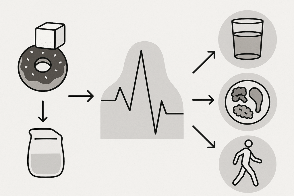 What to Do After Eating Too Much Sugar: Expert Tips to Wear Off a Sugar Rush and Restore Balance Naturally 6 Infographic showing the process of what to do after eating too much sugar, including sugar consumption leading to blood sugar spikes and recovery steps like hydration, balanced meals, and gentle movement.