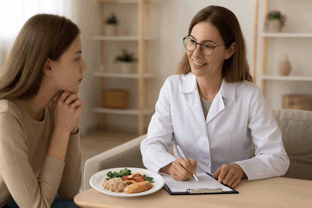 What to Expect from an Eating Disorder Treatment Center: How Nutrition-Focused Rehab Programs Support Long-Term Recovery 3 A registered dietitian guides a patient through a customized meal plan during a counseling session at an eating disorder treatment center, with a plate of balanced food on the table in a calm, supportive setting