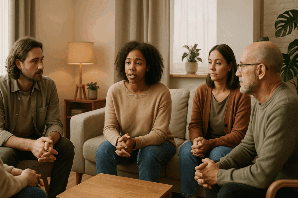 What to Expect from an Eating Disorder Treatment Center: How Nutrition-Focused Rehab Programs Support Long-Term Recovery 4 Group therapy session in a cozy eating disorder treatment center, with diverse individuals listening attentively and offering support in a comfortable, sunlit room