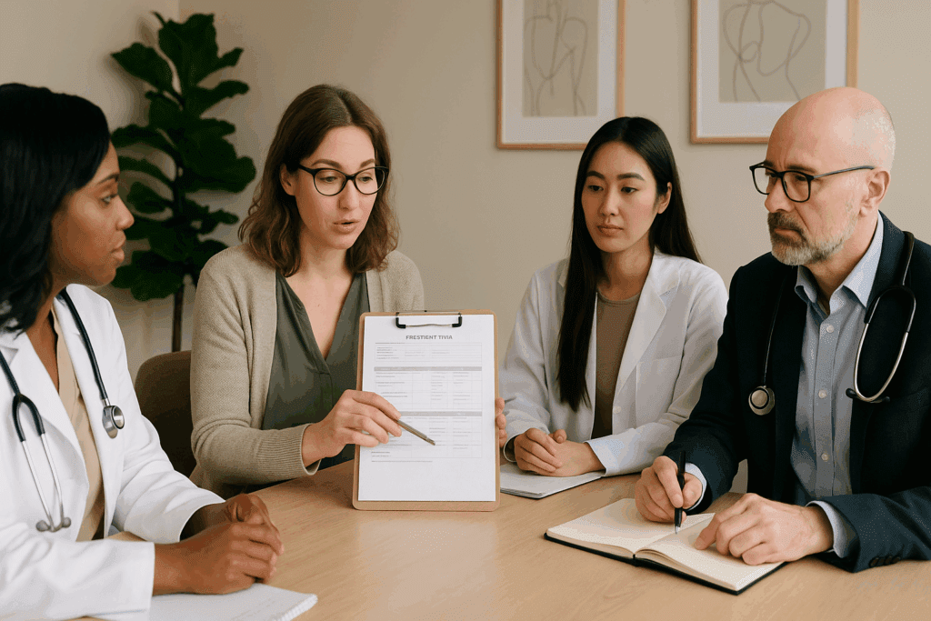 What to Expect from an Eating Disorder Treatment Center: How Nutrition-Focused Rehab Programs Support Long-Term Recovery 5 A diverse healthcare team in an eating disorder treatment center collaborates around a table, reviewing a patient's treatment plan in a warm, professional clinical setting