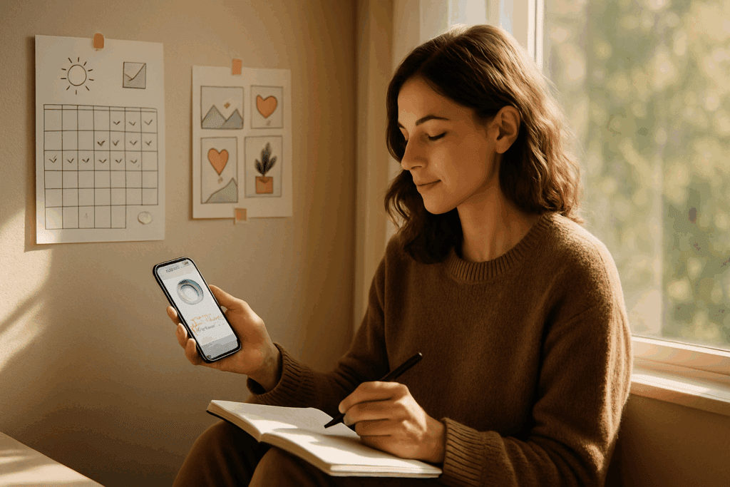 Where to Find Trusted Eating Disorder Help Near You: A Guide to Local Support and Treatment Options 6 Young woman journaling by a sunlit window with a wellness app open and progress tools nearby, symbolizing eating disorder help near you