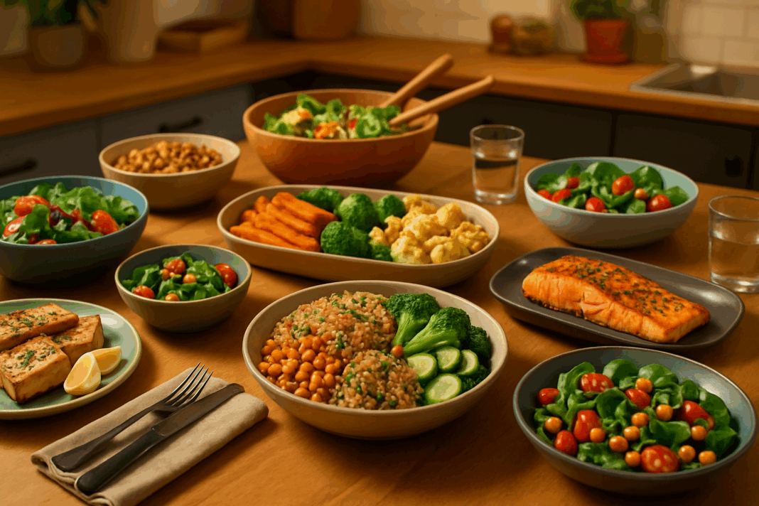 Family-style dinner table featuring colorful whole food dinner ideas like roasted vegetables, grain bowls, salads, chickpeas, and grilled salmon.